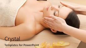  Presentation with salon - Colorful presentation enhanced with picture of happy beautiful woman in massage salon backdrop and a coral colored foreground