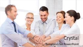  Presentation with victory team - Presentation theme having picture of happy business team background and a coral colored foreground