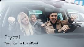  Presentation with car picture - Amazing PPT layouts having picture of happy emotional young man sitting in car with his wife and daughter looking camera backdrop and a light blue colored foreground