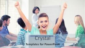  Presentation with student - PPT theme enhanced with picture-of-happy-student-girl background and a light blue colored foreground
