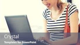  Presentation with girl teens - PPT theme consisting of picture of happy teenage girl with laptop computer background and a gray colored foreground