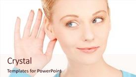  Presentation with listening woman - PPT theme with picture of happy woman listening background and a lemonade colored foreground