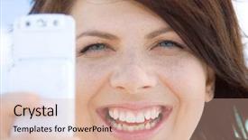  Presentation with phone - PPT theme having picture of happy woman using background and a  colored foreground