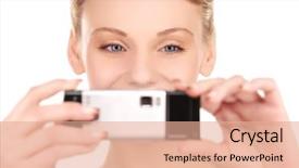  Presentation with phone - Audience pleasing slides consisting of picture of happy woman using phone camera backdrop and a coral colored foreground