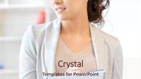  Presentation with notepad - Beautiful presentation design featuring picture of happy woman with big notepad backdrop and a lemonade colored foreground