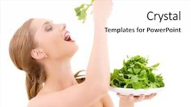  Presentation with spinach - PPT theme featuring picture of happy woman with spinach over white background and a pink colored foreground