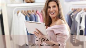 Presentation with clothes shop - Beautiful PPT theme featuring picture of happy woman in clothes shop holding tablet backdrop and a coral colored foreground