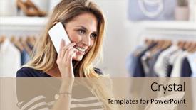  Presentation with clothes shop - Colorful presentation theme enhanced with picture of happy woman in clothes shop holding tablet backdrop and a coral colored foreground