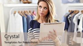  Presentation with clothes shop - Cool new slide set with picture of happy woman in clothes shop holding tablet backdrop and a mint green colored foreground