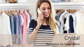  Presentation with clothes shop - Cool new slide deck with picture of happy woman in clothes shop holding tablet backdrop and a soft green colored foreground