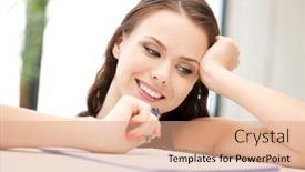  Presentation with notepad - Amazing PPT layouts having picture of happy woman with big notepad backdrop and a coral colored foreground