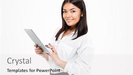  Presentation with lady - PPT layouts enhanced with picture of happy young asian lady standing isolated over white background chatting by tablet computer looking camera background and a white colored foreground
