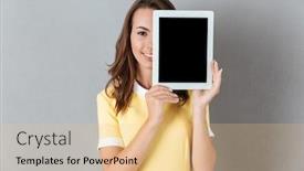  Presentation with lady - Presentation theme having picture of happy young caucasian lady showing display of tablet computer looking camera background and a lemonade colored foreground