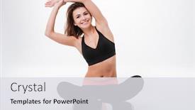  Presentation with fitness - Audience pleasing PPT layouts consisting of picture of happy young fitness lady standing isolated over white background and make stretching exercises backdrop and a light gray colored foreground