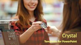  Presentation with credit card - Cool new PPT layouts with picture of happy young lady backdrop and a tawny brown colored foreground