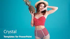  Presentation with lady - Presentation design having picture of happy young lady standing and posing isolated over blue background holding pineapple looking at camera background and a teal colored foreground