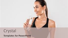  Presentation with water sports - Theme enhanced with picture of happy young sports woman posing isolated over grey background looking aside drinking water background and a soft green colored foreground