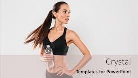  Presentation with water sports - PPT layouts with picture of happy young sports woman posing isolated over grey background looking aside drinking water background and a soft green colored foreground