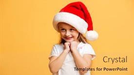  Presentation with girl christmas - Slide deck with picture of little cheerful girl standing isolated over yellow background wearing christmas santa hat looking aside background and a yellow colored foreground