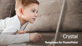  Presentation with young man holdng laptop on lap money - Slide deck with picture of little cute boy background and a tawny brown colored foreground