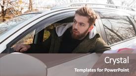  Presentation with car picture - Amazing slides having picture of losted in forest bearded shocked driver sitting in car while holding map looking aside backdrop and a gray colored foreground