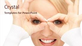  Presentation with fingers - PPT layouts consisting of picture of lovely woman looking through hole from fingers background and a lemonade colored foreground