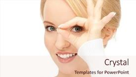  Presentation with fingers - Cool new theme with picture of lovely woman looking through hole from fingers backdrop and a lemonade colored foreground