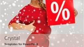 Presentation with percent - Amazing PPT theme having picture of lovely woman in red dress with percent sign backdrop and a coral colored foreground