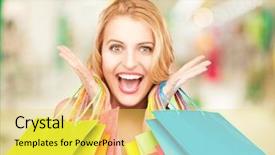  Presentation with woman pushing shopping trolley - Cool new PPT theme with lovely woman with shopping backdrop and a yellow colored foreground