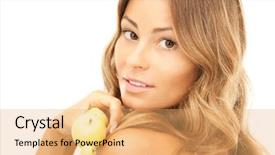  Presentation with green apples - Presentation theme enhanced with picture of lovely woman with green apples over white background and a yellow colored foreground