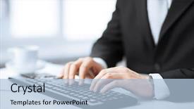  Presentation with hands of anonymous hackers typing - Amazing theme having picture of man hands typing backdrop and a light blue colored foreground