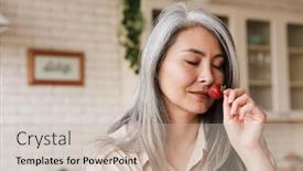  Presentation with eat - Beautiful presentation theme featuring picture-of-mature-amazing-woman backdrop and a soft green colored foreground