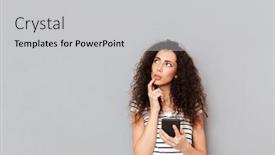  Presentation with important - PPT layouts having picture of nice woman touching her lips and looking aside while thinking about something important or trying to remember over grey background background and a light gray colored foreground