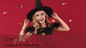  Presentation with carnival - Audience pleasing PPT theme consisting of picture of positive happy little girl witch in carnival halloween costume isolated over red wall background backdrop and a tawny brown colored foreground