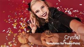  Presentation with carnival - Audience pleasing slide deck consisting of picture of positive optimistic pleased little girl devil in carnival halloween costume isolated over red wall background holding pumpkin take selfie by camera showing peace backdrop and a tawny brown colored foreground