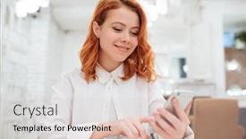  Presentation with cafe - Colorful theme enhanced with picture of pretty redhead young woman dressed in white shirt chatting by her phone while sitting in cafe backdrop and a lemonade colored foreground