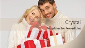  Presentation with romantic gift - PPT theme with picture of romantic couple in a sweaters with gift boxes background and a lemonade colored foreground