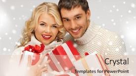  Presentation with romantic gift - Amazing presentation theme having picture of romantic couple in a sweaters with gift boxes backdrop and a lemonade colored foreground