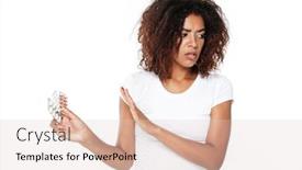  Presentation with sad - PPT layouts featuring picture of sad young african lady standing isolated over white background looking aside holding pills background and a lemonade colored foreground