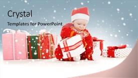  Presentation with baby christmas - Beautiful presentation theme featuring picture of santa helper baby with christmas gifts backdrop and a light blue colored foreground