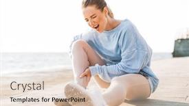  Presentation with leg pain - PPT layouts with picture of screaming young sports woman outdoors on beach touching leg feeling pain in calves background and a lemonade colored foreground