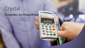  Presentation with terminal - PPT theme featuring picture of seller with terminal in hands and buyer with bank card background and a light blue colored foreground