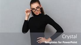  Presentation with amazing - Audience pleasing presentation design consisting of picture of serious young amazing woman wearing glasses standing over grey wall looking aside backdrop and a gray colored foreground