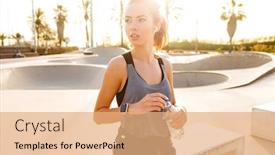  Presentation with water sports - Presentation design with picture of serious young sports woman outdoors listening music with earphones holding bottle with water background and a coral colored foreground