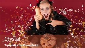  Presentation with devil - PPT theme consisting of picture of shocked surprised little girl devil in carnival halloween costume isolated over red wall background holding pumpkin as mobile phone talking pointing background and a tawny brown colored foreground