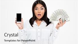  Presentation with mobile money - Slide set featuring picture of shocked young asian background and a white colored foreground