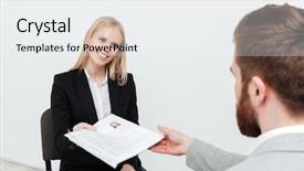  Presentation with resume - Slide deck having picture of smiling lady sitting in office near her boss holding resume over white background isolated looking aside background and a sky blue colored foreground