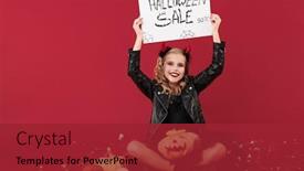  Presentation with optimistic - Audience pleasing PPT theme consisting of picture of smiling optimistic pleased little girl devil in carnival halloween costume isolated over red wall background holding pumpkin and copyspace blank with sale text backdrop and a red colored foreground