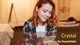  Presentation with cage - PPT theme featuring picture of smiling redhead young lady dressed in shirt in a cage print and white t-shirt chatting by her phone background and a tawny brown colored foreground