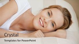  Presentation with teenage - Slide deck enhanced with picture of smiling teenage girl on a bed background and a coral colored foreground